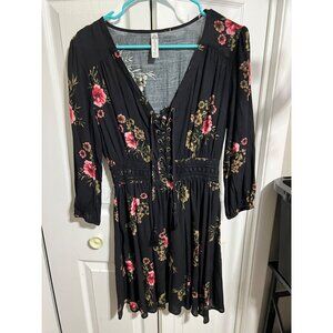 Black Floral Lace-Up Smocked Waist Dress By American Rag Size S 3/4 Sleeve 100%